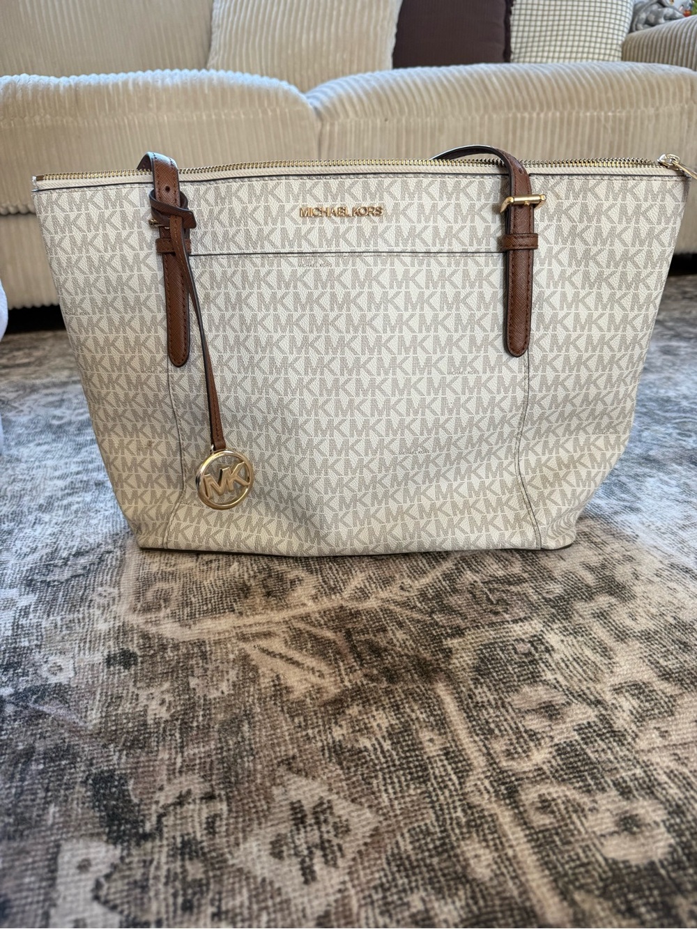 Michael Kors Cream Signature Logo Tote with Brown Trim